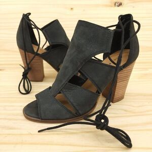 Lucky Brand Lanita Womens Stacked Heel Booties 10 Black Leather Chic Boho Sandal